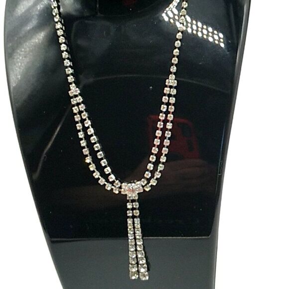 Clear Rhinestone Necklace Vintage Two Strand Bib Style Choker Dangle Drop Pendan - Picture 1 of 7